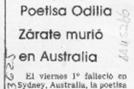 Poetisa Odilia Zárate murió en Australia  [artículo].