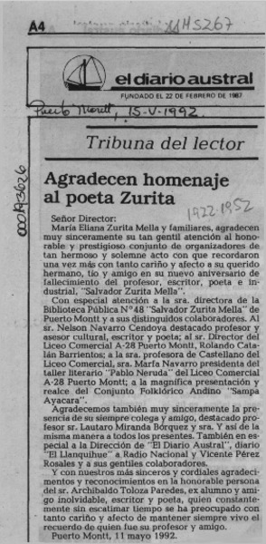 Agradecen homenaje al poeta Zurita  [artículo].