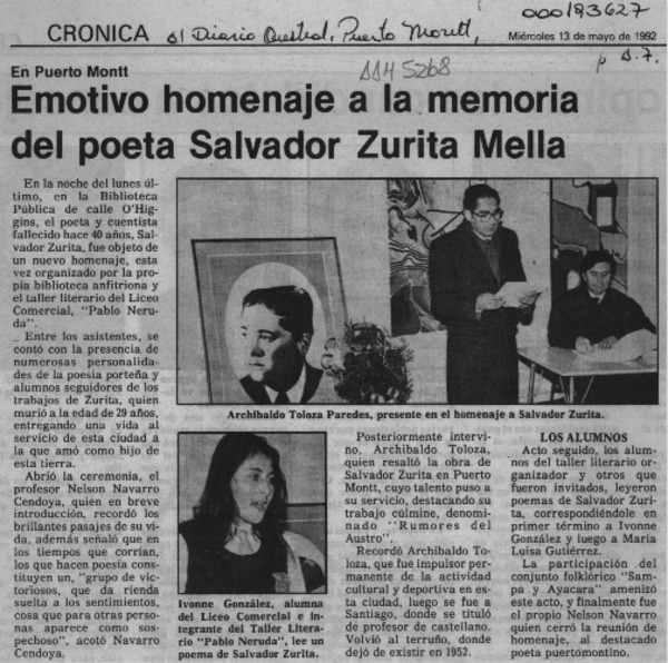 Emotivo homenaje a la memoria del poeta Salvador Zurita Mella  [artículo].