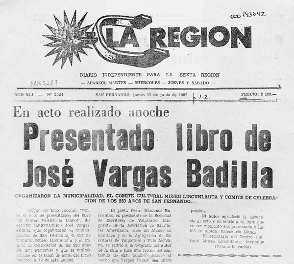Presentado libro de José Vargas Badilla  [artículo].
