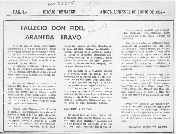 Falleció don Fidel Araneda Bravo  [artículo] Eduardo Iturrieta Brown.