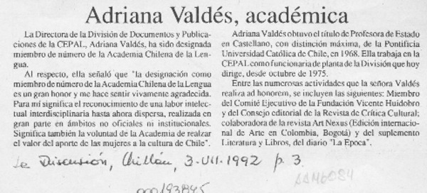 Adriana Valdés, académica  [artículo].