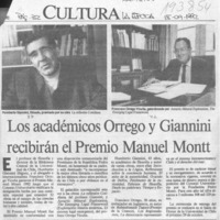 Los académicos Orrego y Giannini recibirán el Premio Manuel Montt  [artículo].