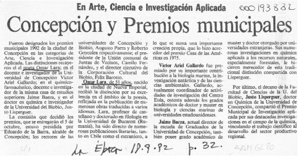 Concepción y premios municipales  [artículo].