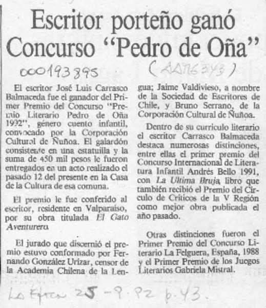 Escritor porteño ganó concurso "Pedro de Oña"  [artículo].