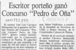 Escritor porteño ganó concurso "Pedro de Oña"  [artículo].