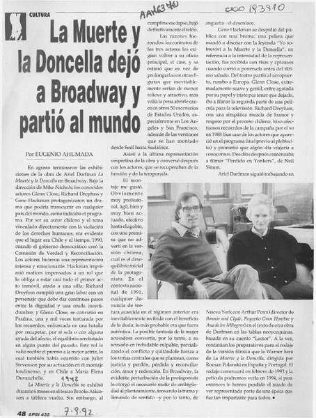 La Muerte y la Doncella dejó a Broadway y partió al mundo  [artículo] Eugenio Ahumada.