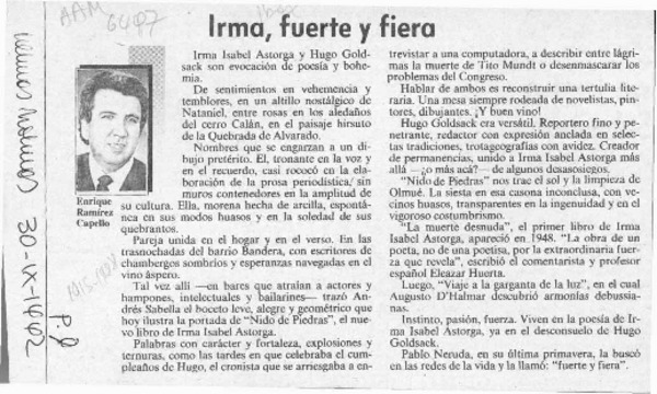 Irma, fuerte y fiera  [artículo] Enrique Ramírez Capello.