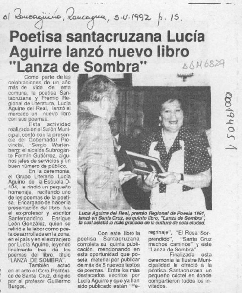 Poetisa santacruzana Lucía Aguirre lanzó nuevo libro "Lanza de sombra"  [artículo].