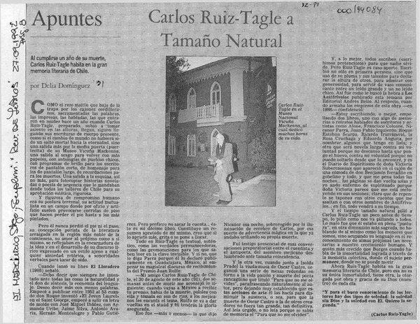 Carlos Ruiz-Tagle a tamaño natural  [artículo] Delia Domínguez.