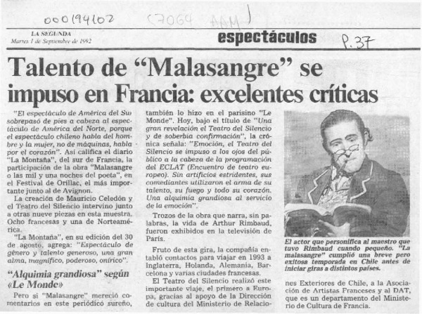 Talento de "Malasangre" se impuso en Francia, excelentes críticas  [artículo].