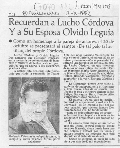 Recuerdan a Lucho Córdova y a su esposa Olvido Leguía  [artículo].