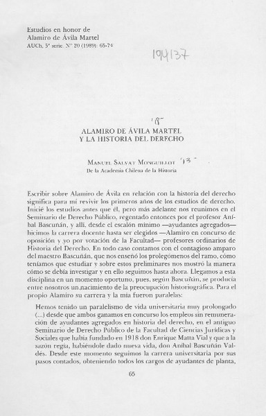 Alamiro Avila Martel y la historia del derecho  [artículo] Manuwl Salvat Monguillot.