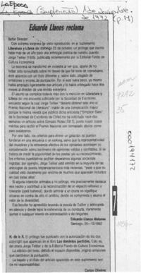 Eduardo Llanos reclama  [artículo] Eduardo Llanos Melussa.
