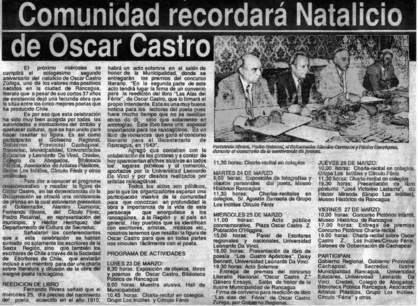 Comunidad recordará natalicio de Oscar Castro