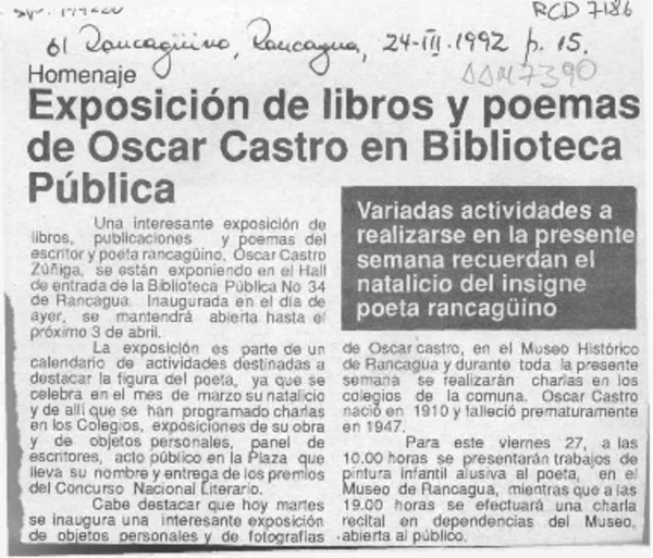 Exposición de libros y poemas de Oscar Castro en Biblioteca Pública  [artículo].