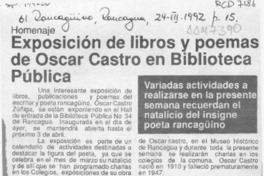 Exposición de libros y poemas de Oscar Castro en Biblioteca Pública  [artículo].