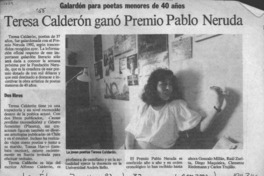 Teresa Calderón ganó Premio Pablo Neruda  [artículo].