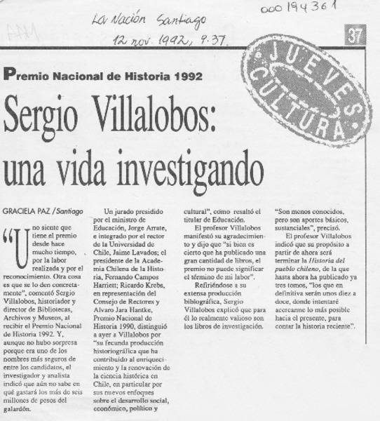 Sergio Villalobos, una vida investigando  [artículo] Graciela Paz.