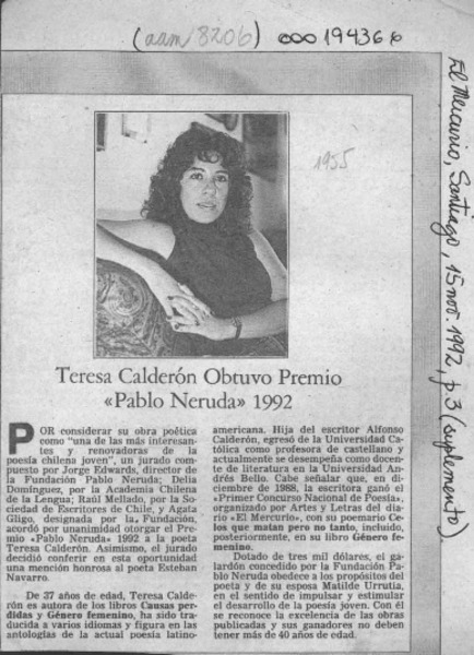 Teresa Calderón obtuvo Premio "Pablo Neruda" 1992  [artículo].