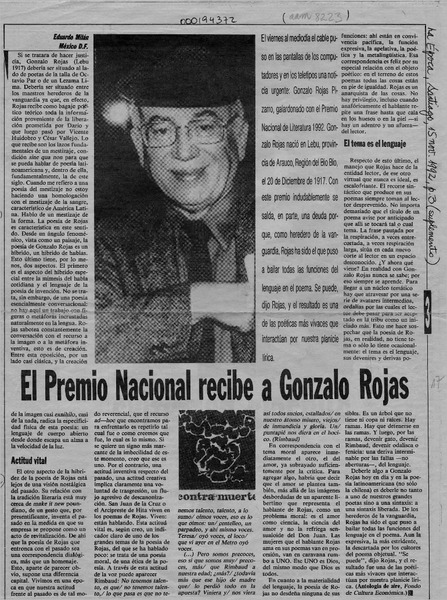 El Premio Nacional recibe a Gonzalo Rojas  [artículo] Eduardo Milán.