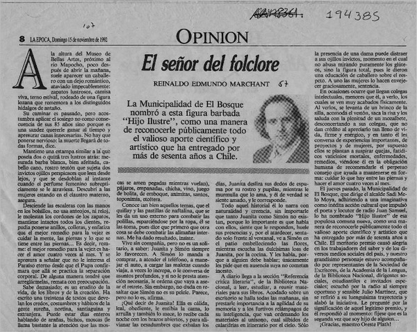 El señor del folklore  [artículo] Reinaldo Edmundo Marchant.