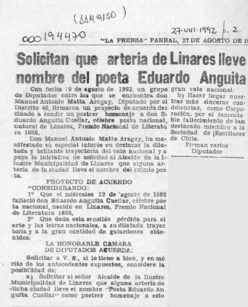 Solicitan que arteria de Linares lleve nombre del poeta Eduardo Anguita  [artículo].