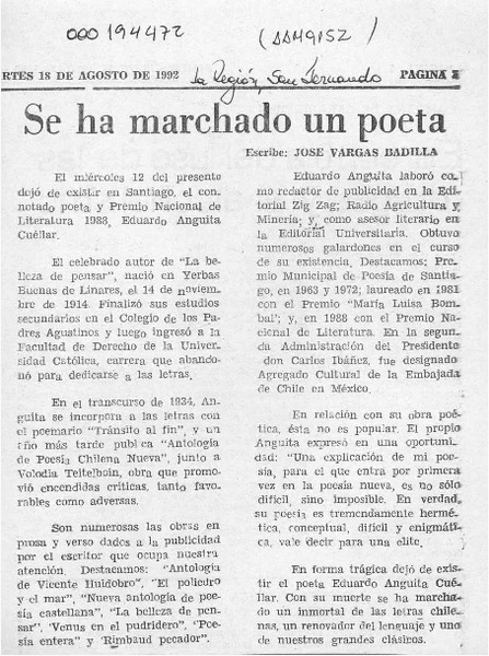 Se ha marchado un poeta  [artículo] José Vargas Badilla.