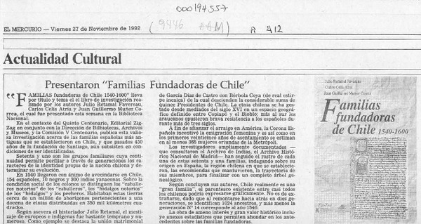 Presentaron "Familias fundadoras de Chile"  [artículo].