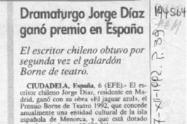 Dramaturgo Jorge Díaz ganó premio en España  [artículo].