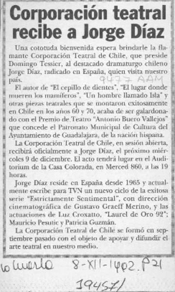 Corporación teatral recibe a Jorge Díaz  [artículo].