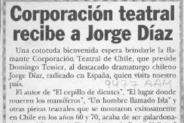 Corporación teatral recibe a Jorge Díaz  [artículo].