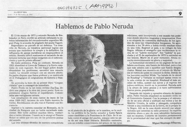 Hablemos de Pablo Neruda  [artículo] Manuel Munizaga Iribarren.