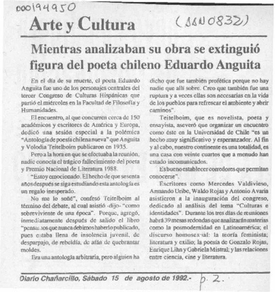 Mientras analizaban su obra se extinguió figura del poeta chileno Eduardo Anguita  [artículo].