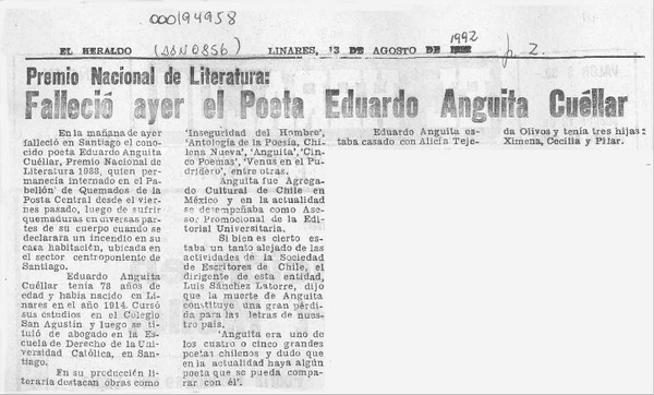 Falleció ayer el poeta Eduardo Anguita Cuéllar  [artículo].