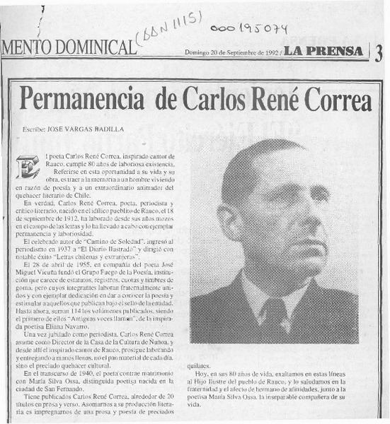 Permanencia de Carlos René Correa  [artículo] José Vargas Badilla.