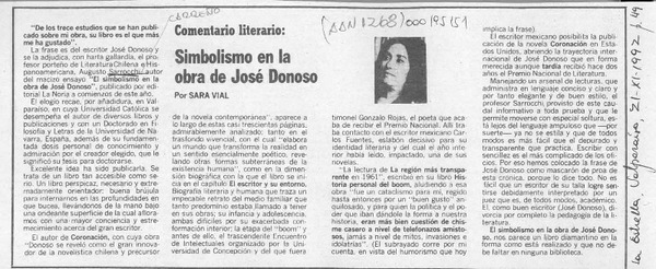 Simbolismo en la obra de José Donoso  [artículo] Sara Vial.