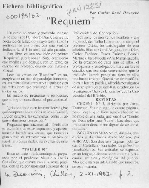 "Réquiem"  [artículo] Carlos René Ibacache.