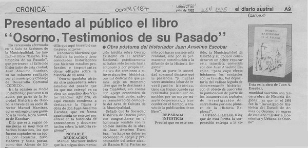 Presentado al público el libro "Osorno, testimonios de su pasado"  [artículo].