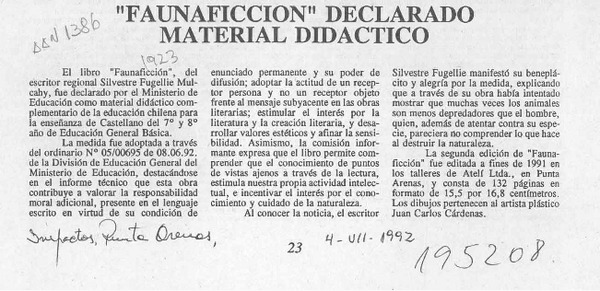 "Faunaficción" declarado material didáctico  [artículo].