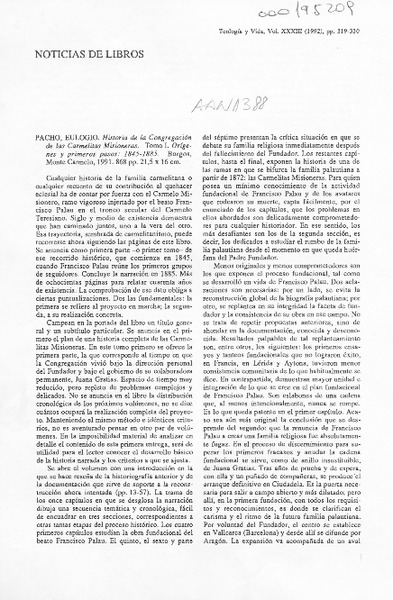 Historia de la congregación de las Carmelitas Misioneras  [artículo] Alberto Pacho P.