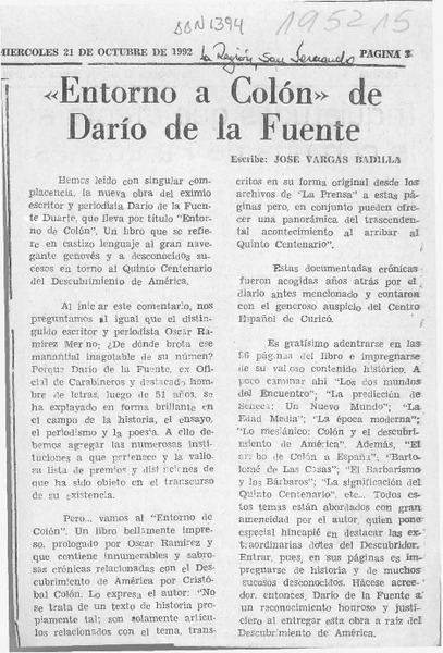 "Entorno a Colón" de Darío de la Fuente  [artículo] José Vargas Badilla.
