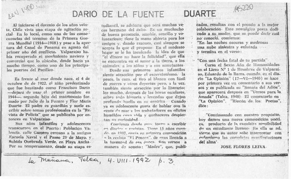 Darío de la Fuente Duarte  [artículo] José Flores Leiva.