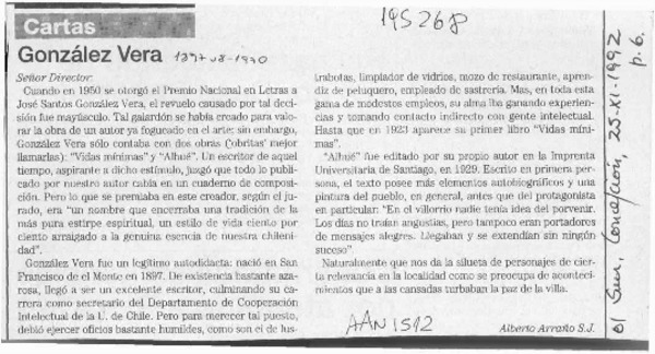 González Vera  [artículo] Alberto Arraño.