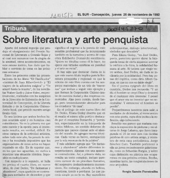 Sobre literatura y arte penquista  [artículo] Sergio Ramón Fuentealba.
