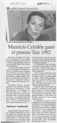 Mauricio Celedón ganó el premio Tais 1992  [artículo].