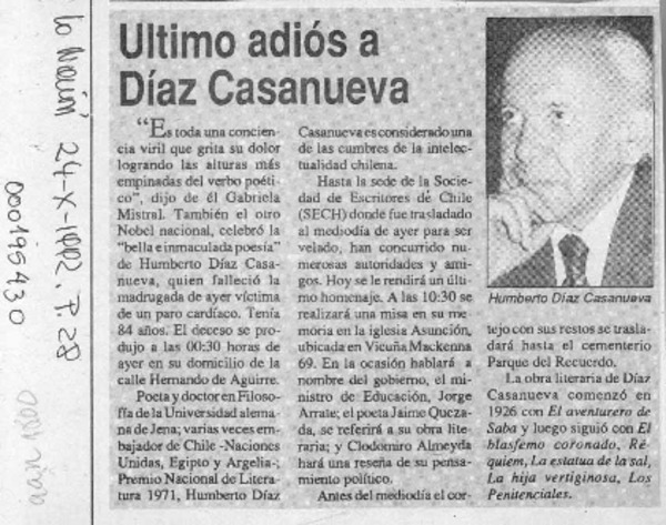 Ultimo adiós a Díaz Casanueva  [artículo].