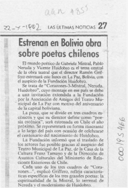 Estrenan en Bolivia obra sobre poetas chilenos