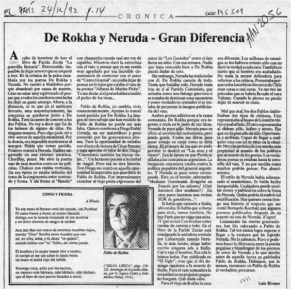 De Rokha y Neruda, gran diferencia  [artículo] Luis Rivano.