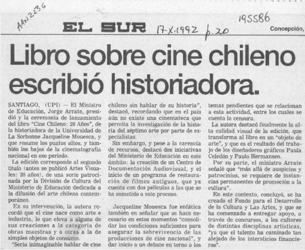 Libro sobre cine chileno escribió historiadora  [artículo]